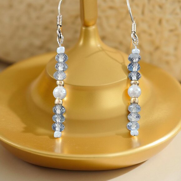 Dainty Labradorite & Pearl Earrings • Sterling Silver • Gold-Tone Accents - Picture 3 of 12